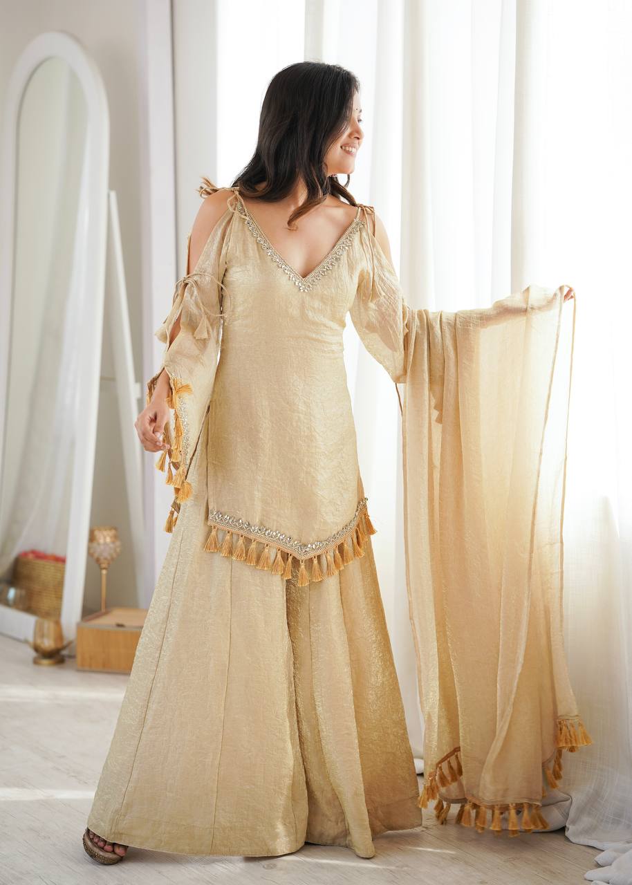 Crush Fabric Sharara Suit with Mirror Work and Tassels