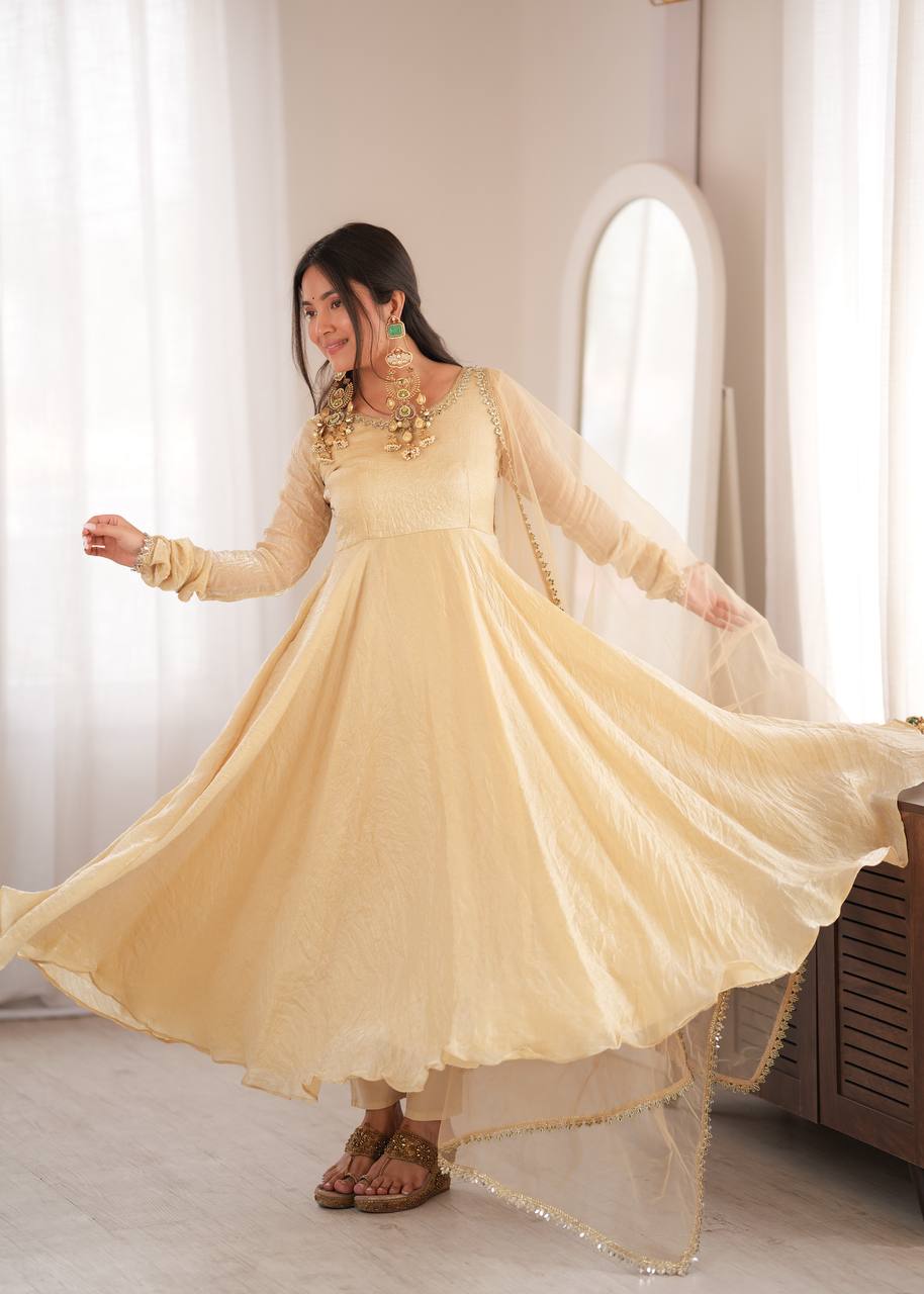 Doremon Crush Gown with Mirror Work Lace Border and Butterfly Net Dupatta