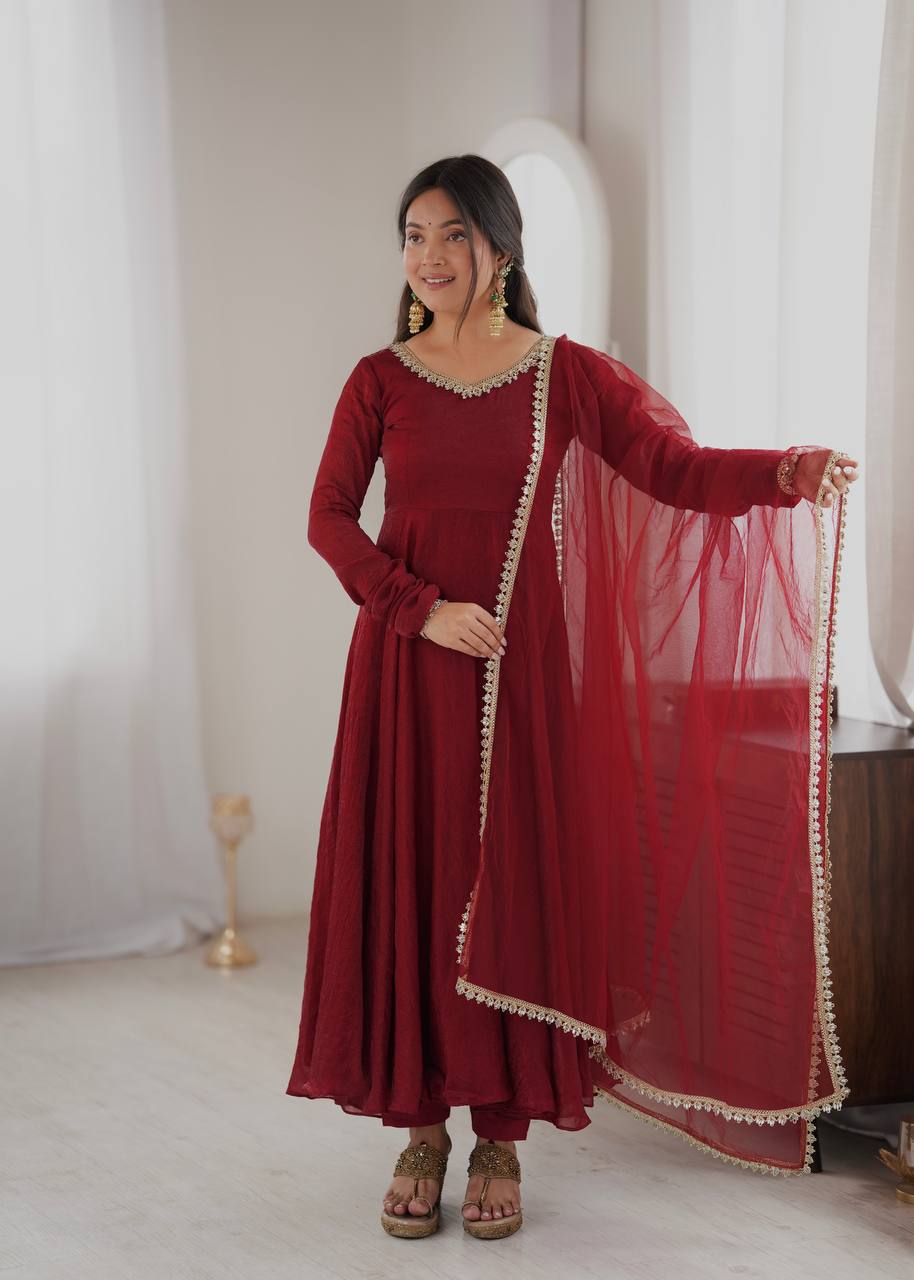Doremon Crush Gown with Mirror Work Lace Border and Butterfly Net Dupatta