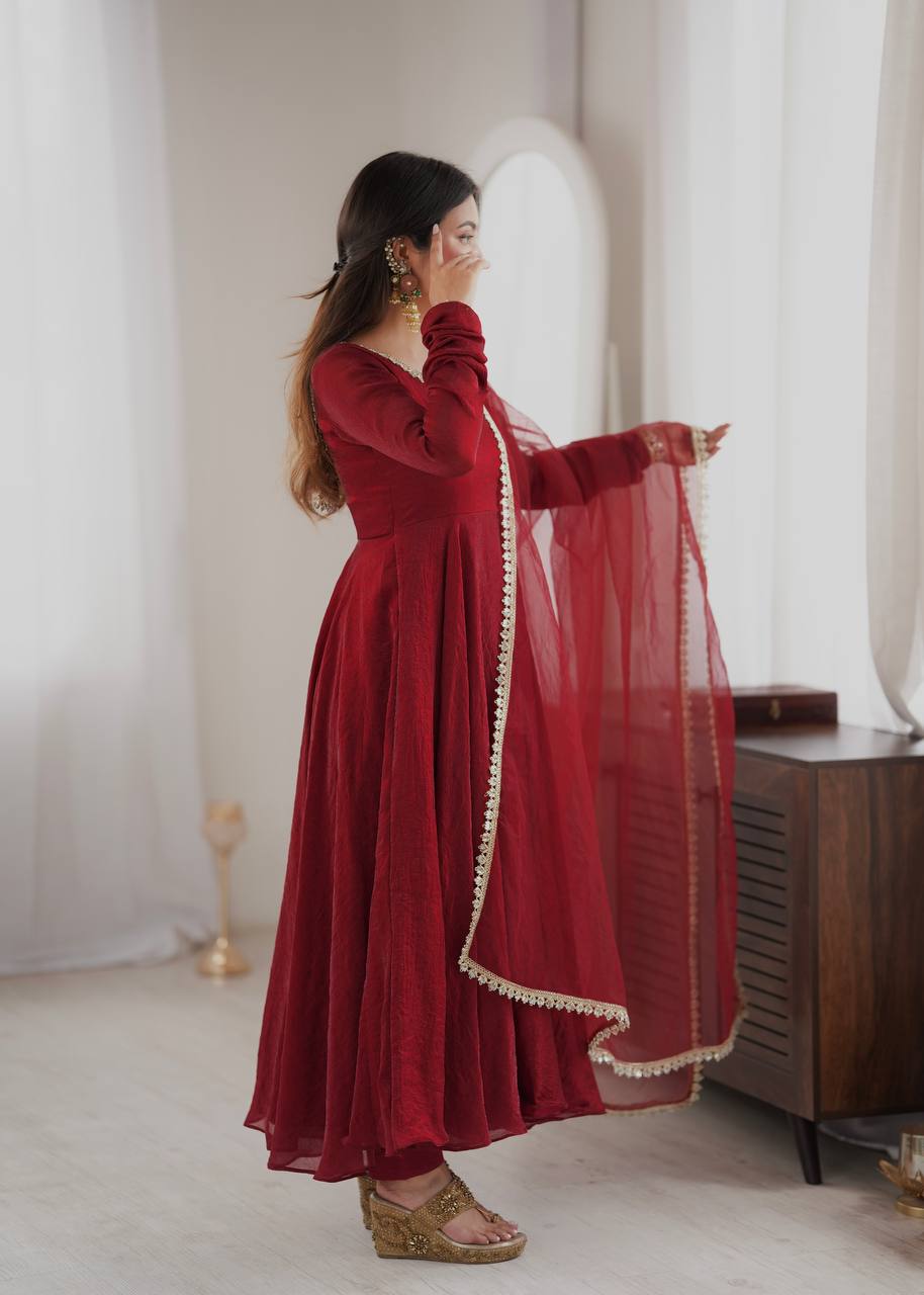 Doremon Crush Gown with Mirror Work Lace Border and Butterfly Net Dupatta