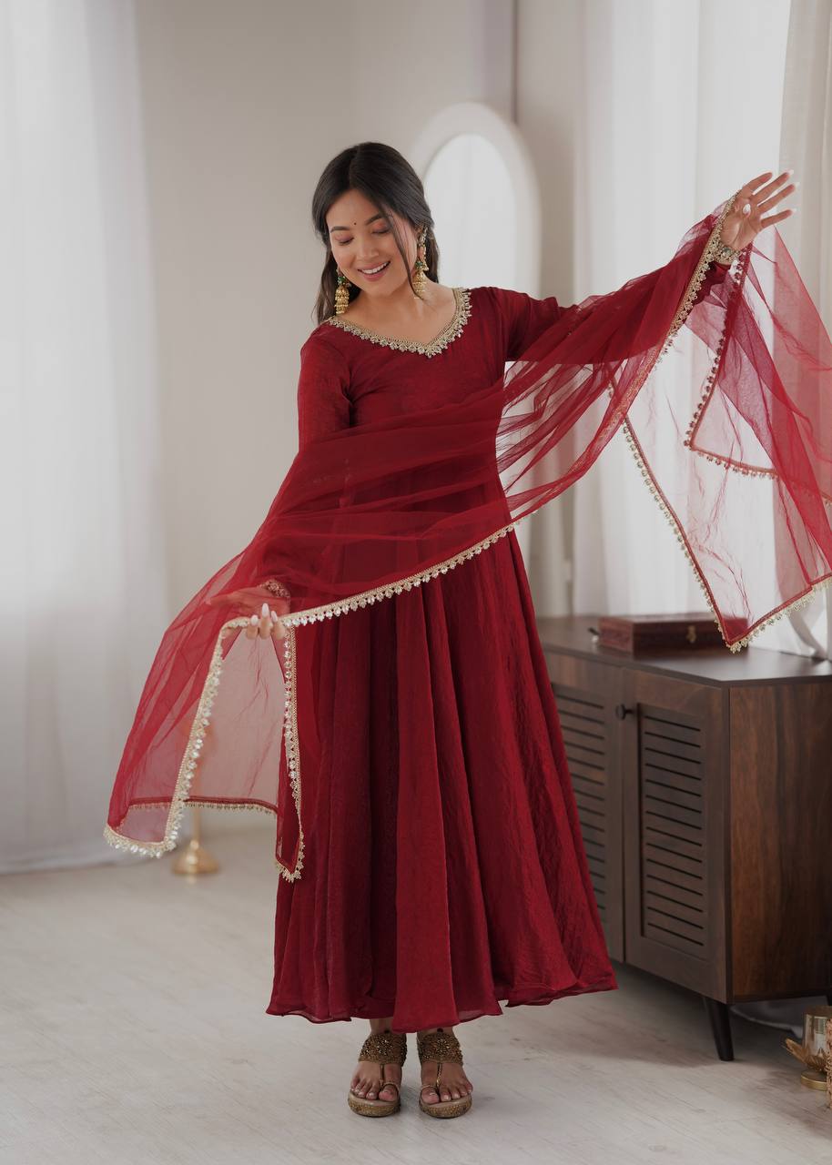 Doremon Crush Gown with Mirror Work Lace Border and Butterfly Net Dupatta