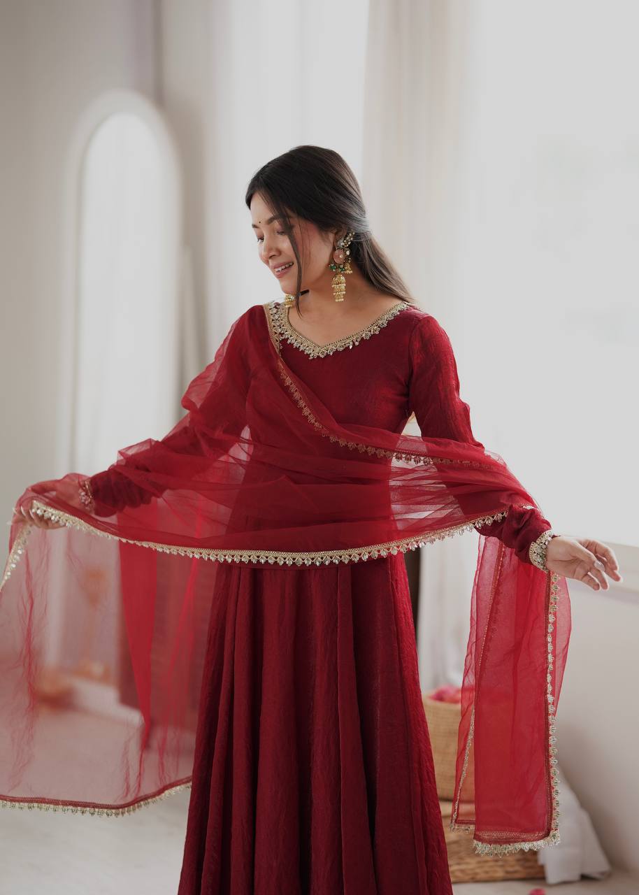Doremon Crush Gown with Mirror Work Lace Border and Butterfly Net Dupatta