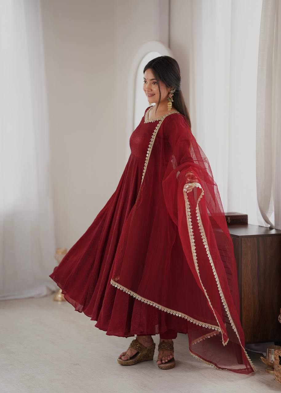 Doremon Crush Gown with Mirror Work Lace Border and Butterfly Net Dupatta