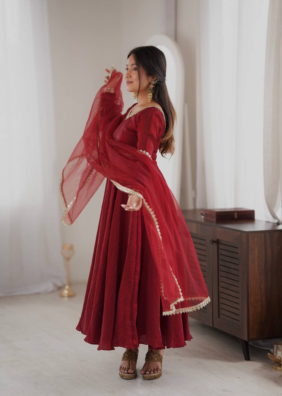 Doremon Crush Gown with Mirror Work Lace Border and Butterfly Net Dupatta