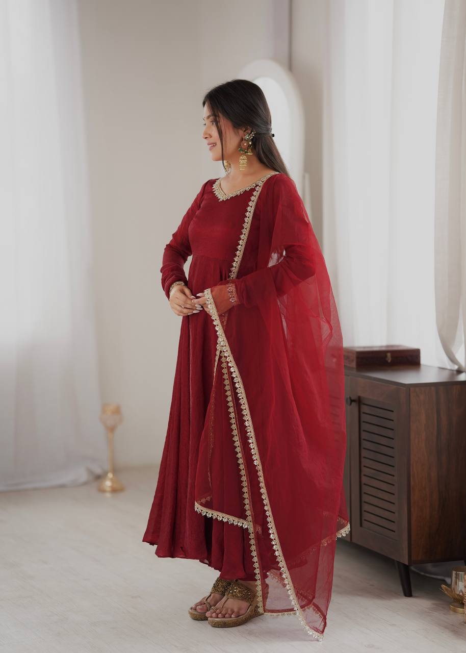 Doremon Crush Gown with Mirror Work Lace Border and Butterfly Net Dupatta