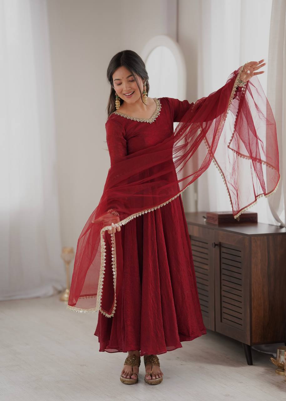 Doremon Crush Gown with Mirror Work Lace Border and Butterfly Net Dupatta