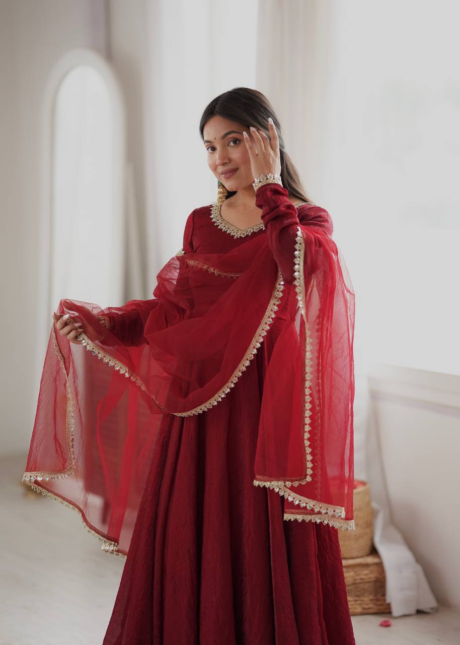 Doremon Crush Gown with Mirror Work Lace Border and Butterfly Net Dupatta