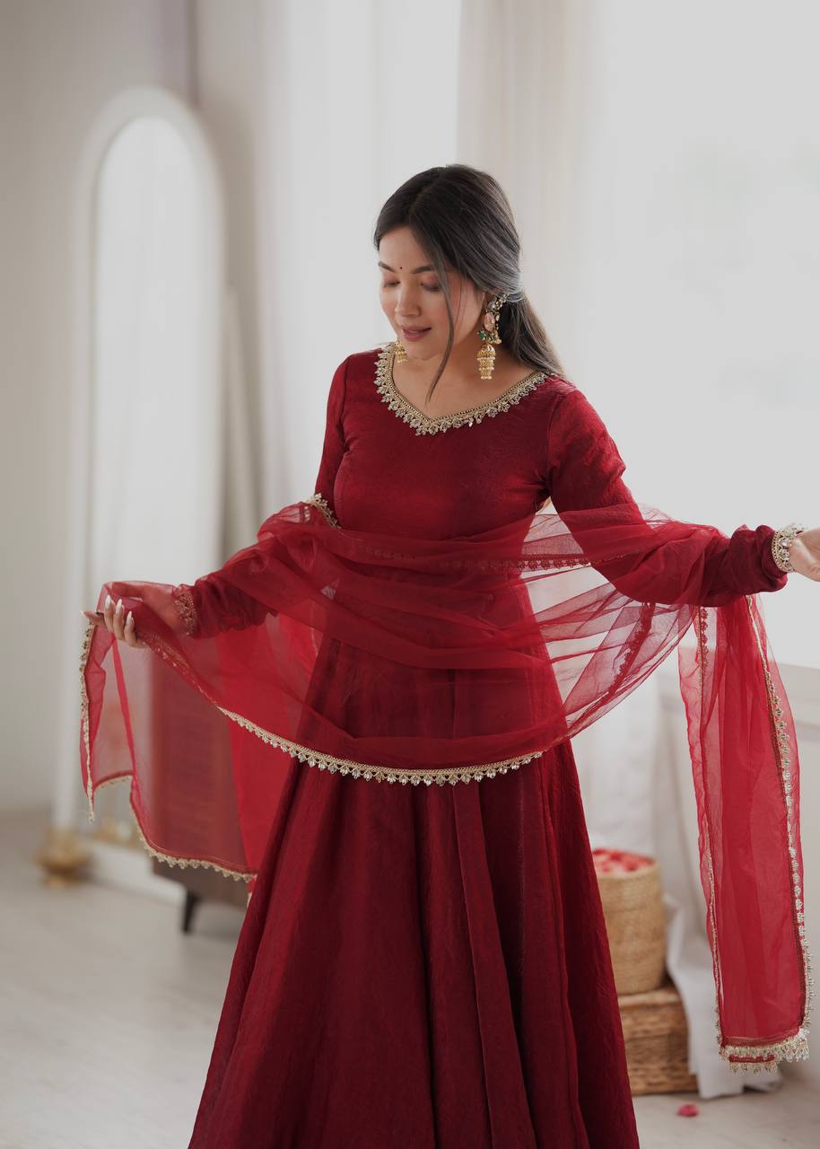 Doremon Crush Gown with Mirror Work Lace Border and Butterfly Net Dupatta