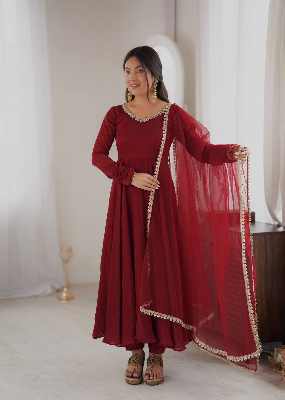 Doremon Crush Gown with Mirror Work Lace Border and Butterfly Net Dupatta