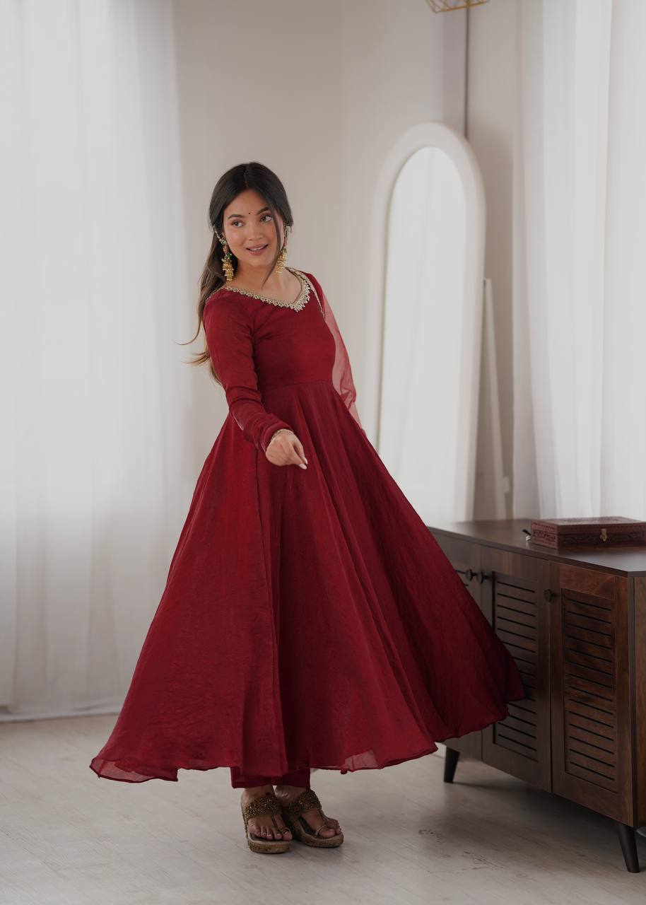 Doremon Crush Gown with Mirror Work Lace Border and Butterfly Net Dupatta