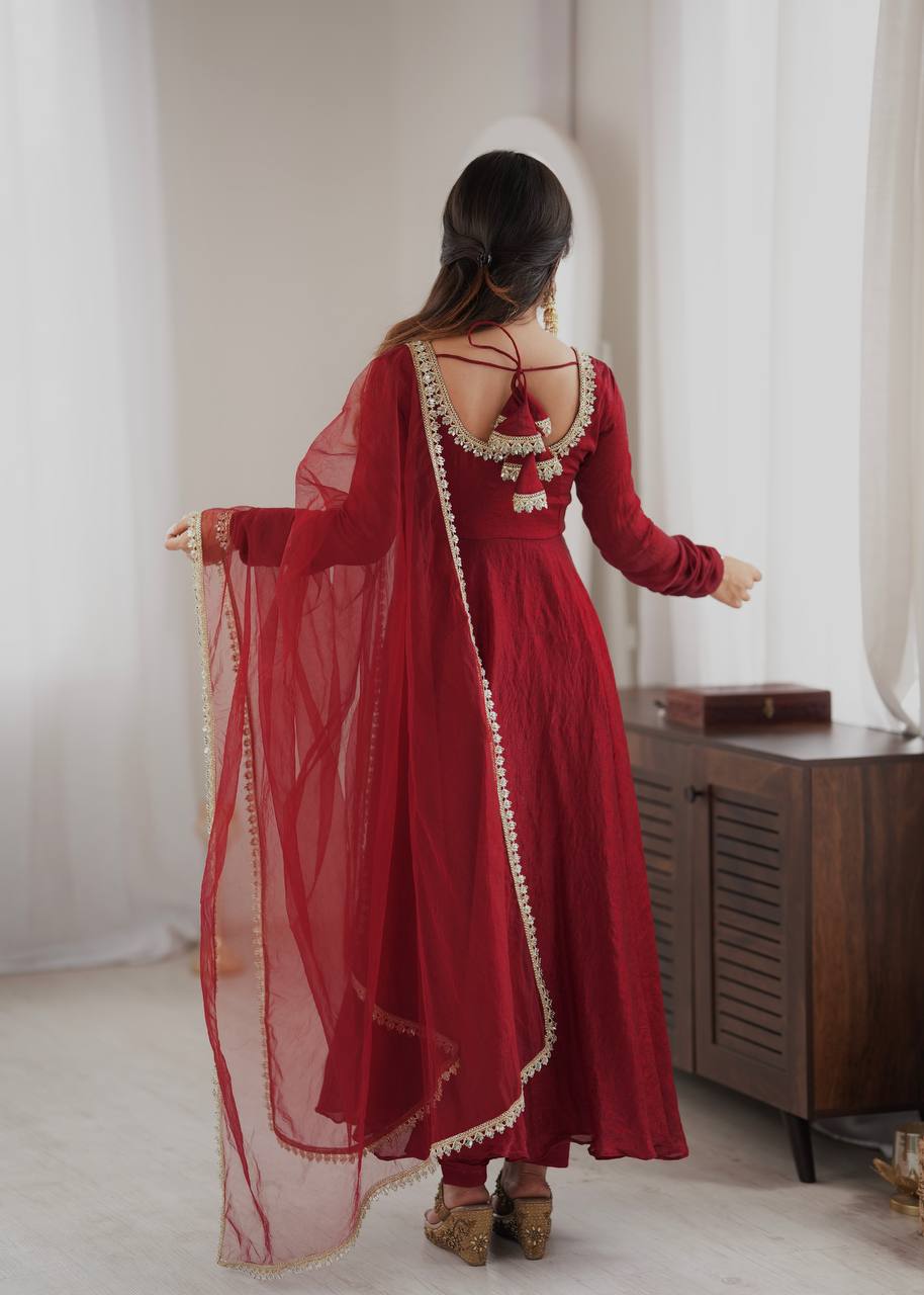 Doremon Crush Gown with Mirror Work Lace Border and Butterfly Net Dupatta