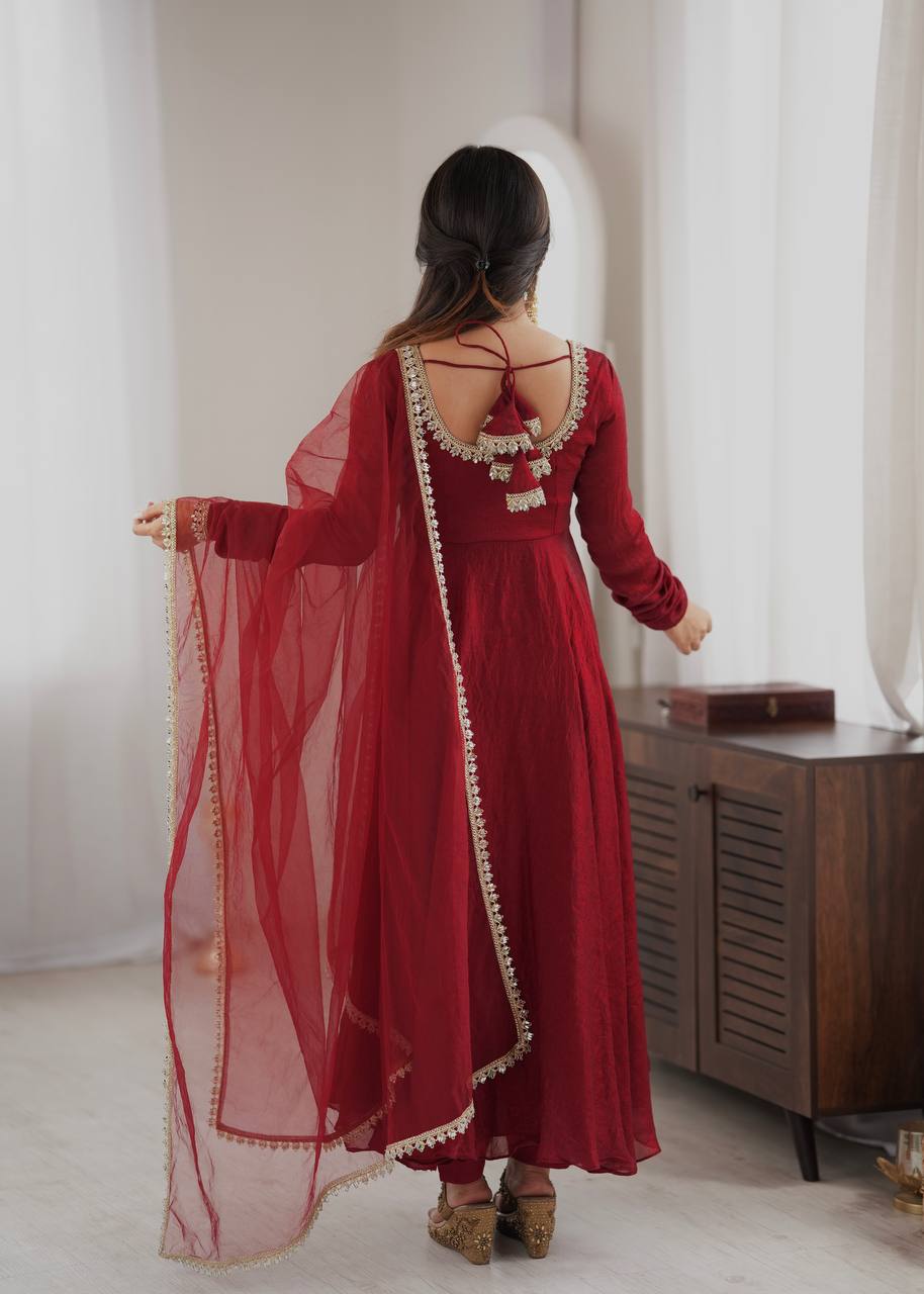Doremon Crush Gown with Mirror Work Lace Border and Butterfly Net Dupatta