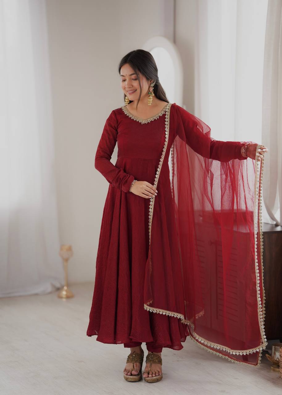 Doremon Crush Gown with Mirror Work Lace Border and Butterfly Net Dupatta