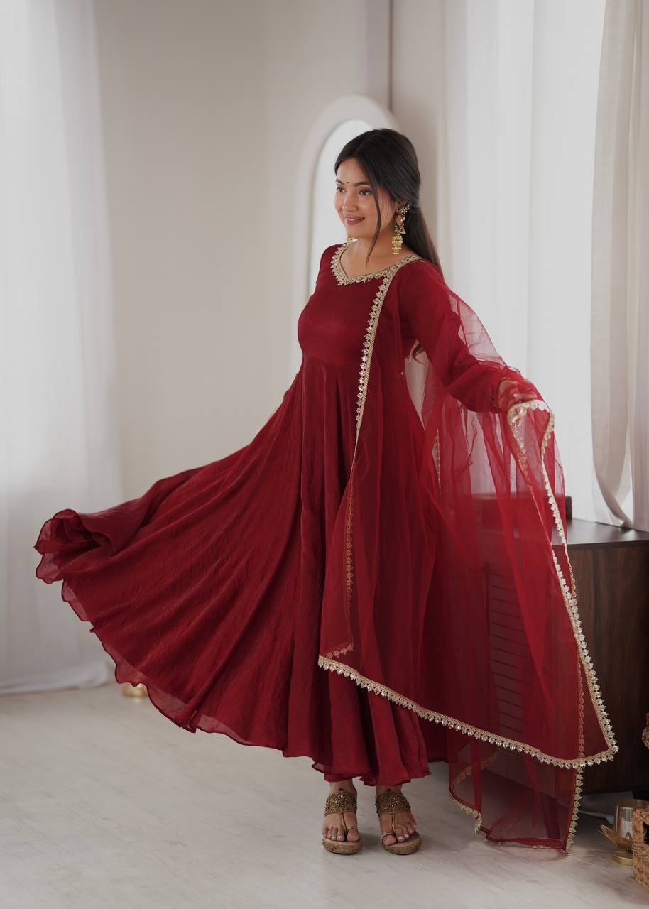 Doremon Crush Gown with Mirror Work Lace Border and Butterfly Net Dupatta