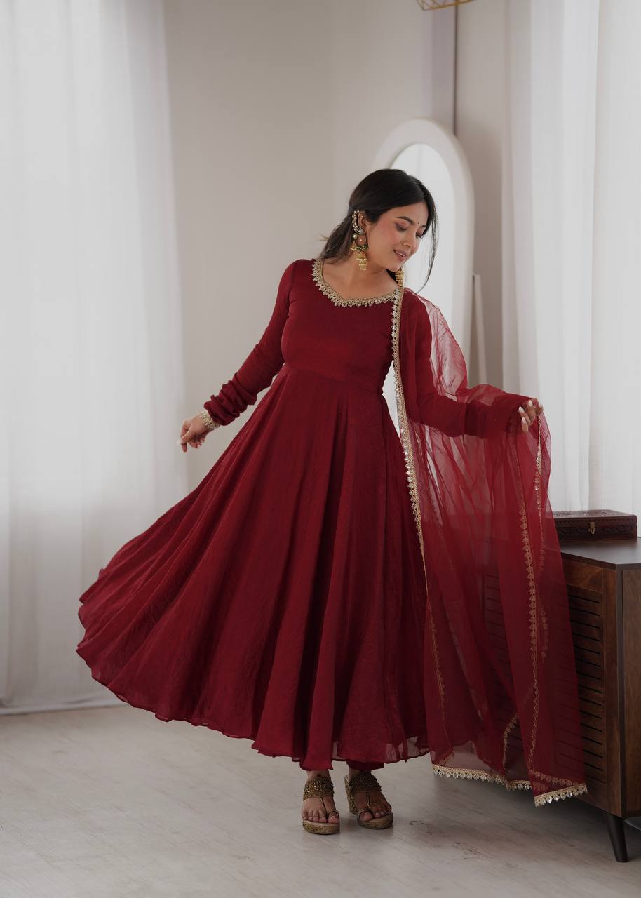 Doremon Crush Gown with Mirror Work Lace Border and Butterfly Net Dupatta