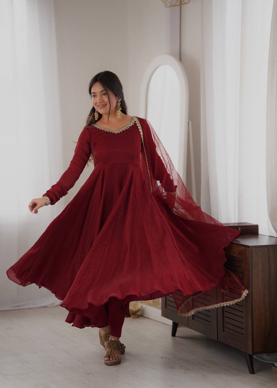 Doremon Crush Gown with Mirror Work Lace Border and Butterfly Net Dupatta
