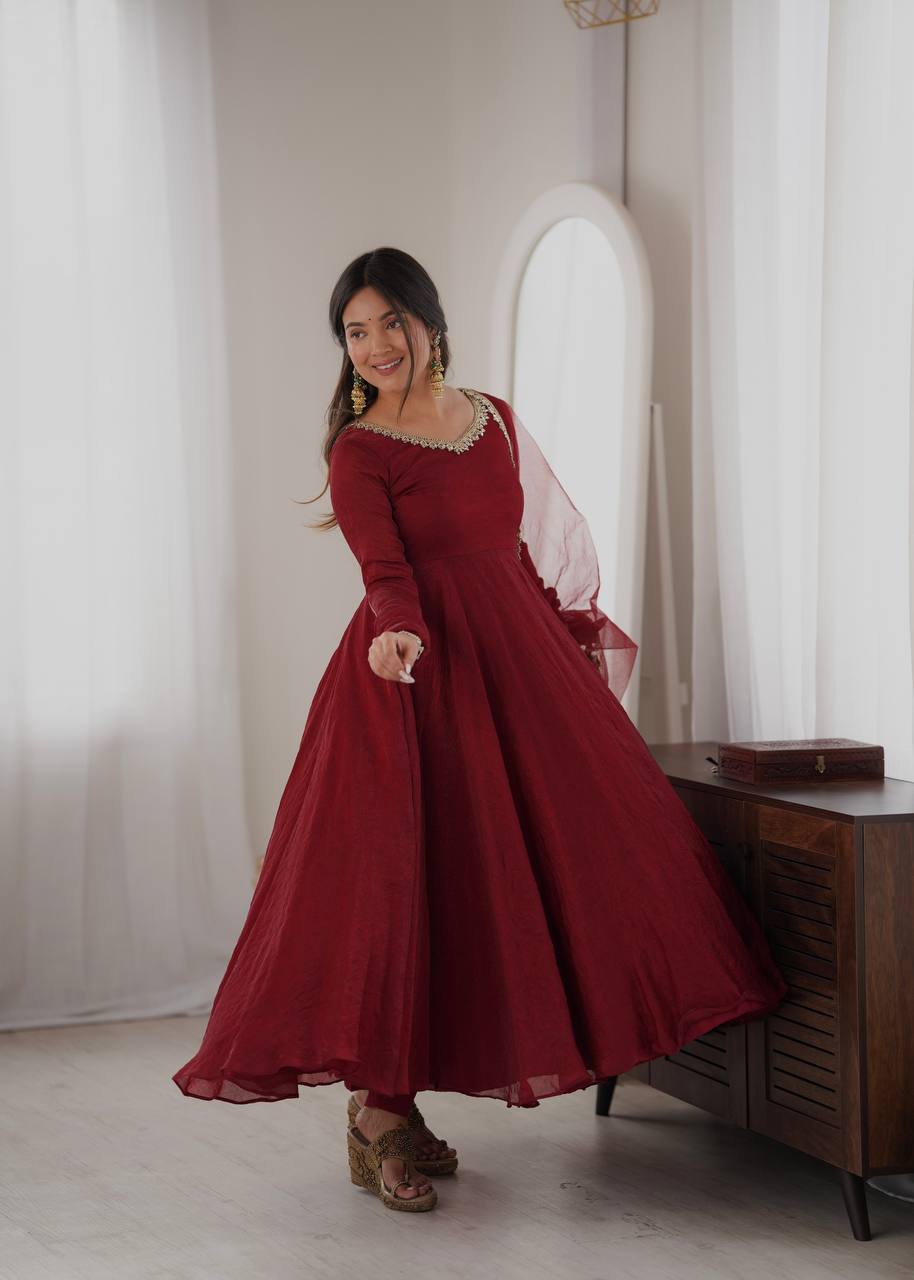 Doremon Crush Gown with Mirror Work Lace Border and Butterfly Net Dupatta