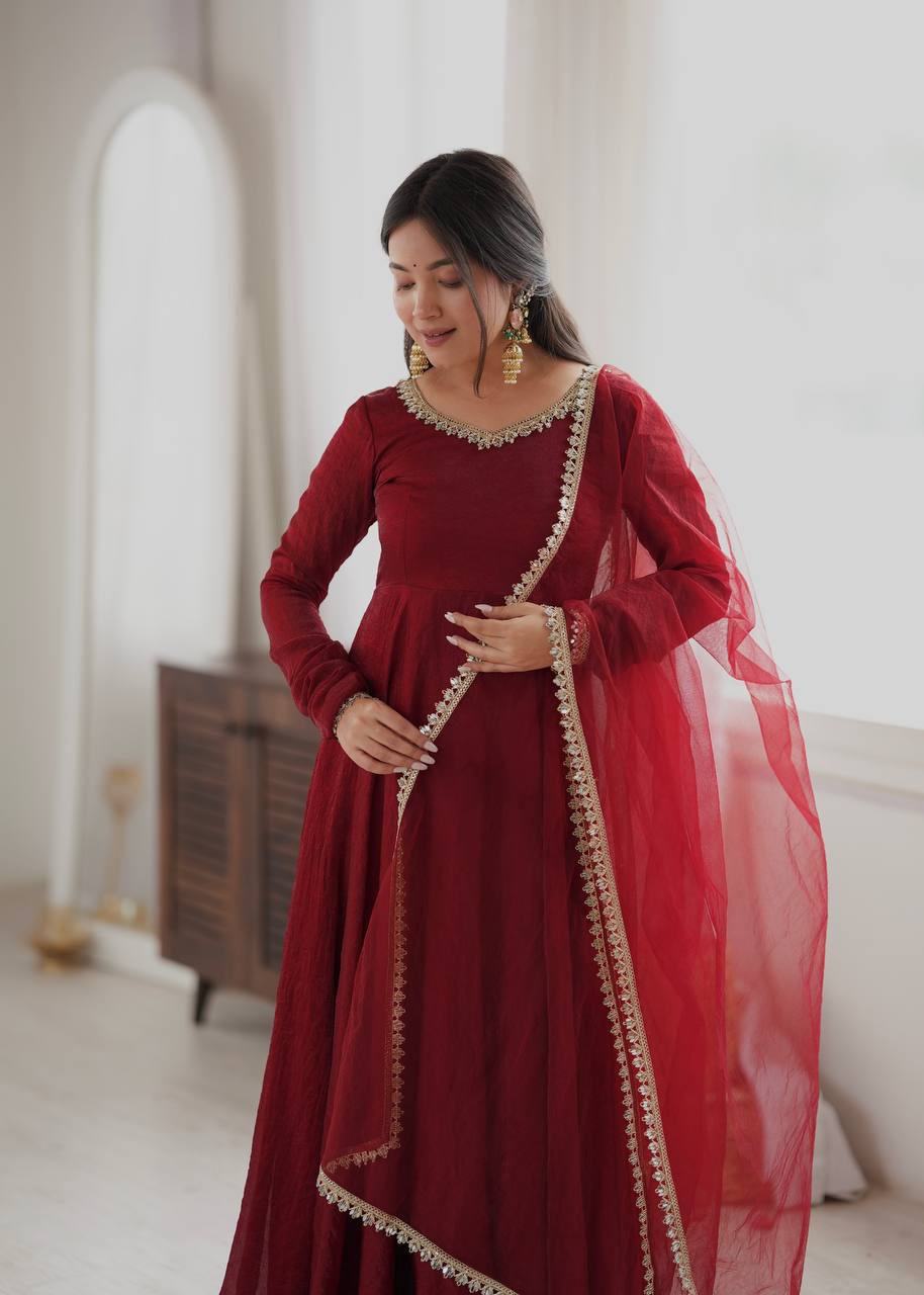 Doremon Crush Gown with Mirror Work Lace Border and Butterfly Net Dupatta