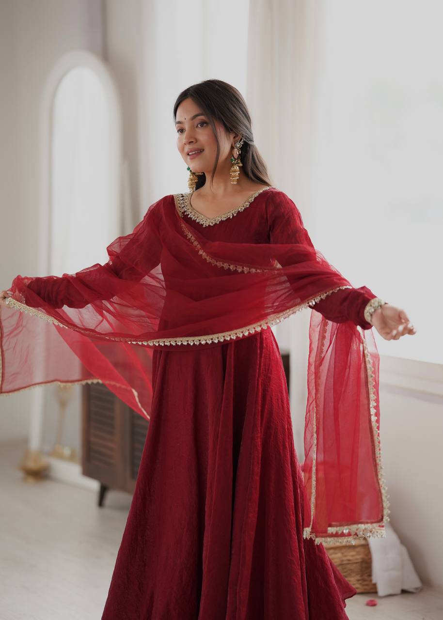 Doremon Crush Gown with Mirror Work Lace Border and Butterfly Net Dupatta
