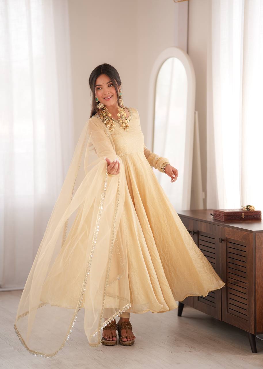 Doremon Crush Gown with Mirror Work Lace Border and Butterfly Net Dupatta