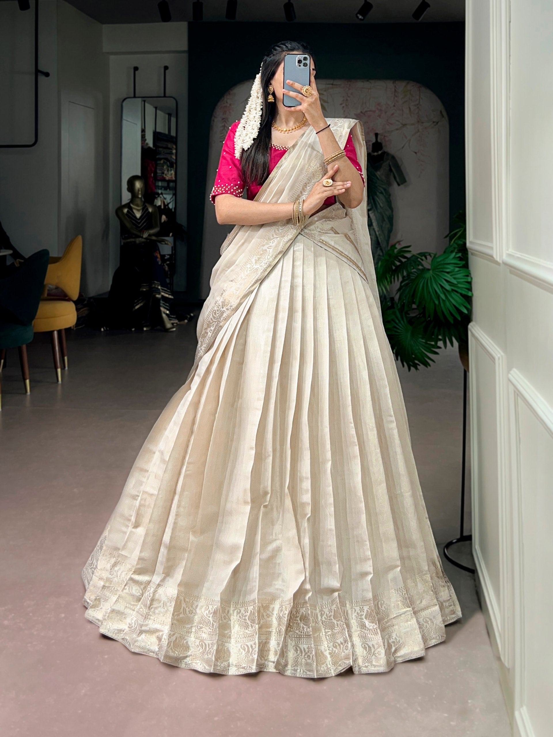 Cream Onakkodi Collection Poly Kanjivaram Half Saree Lehenga