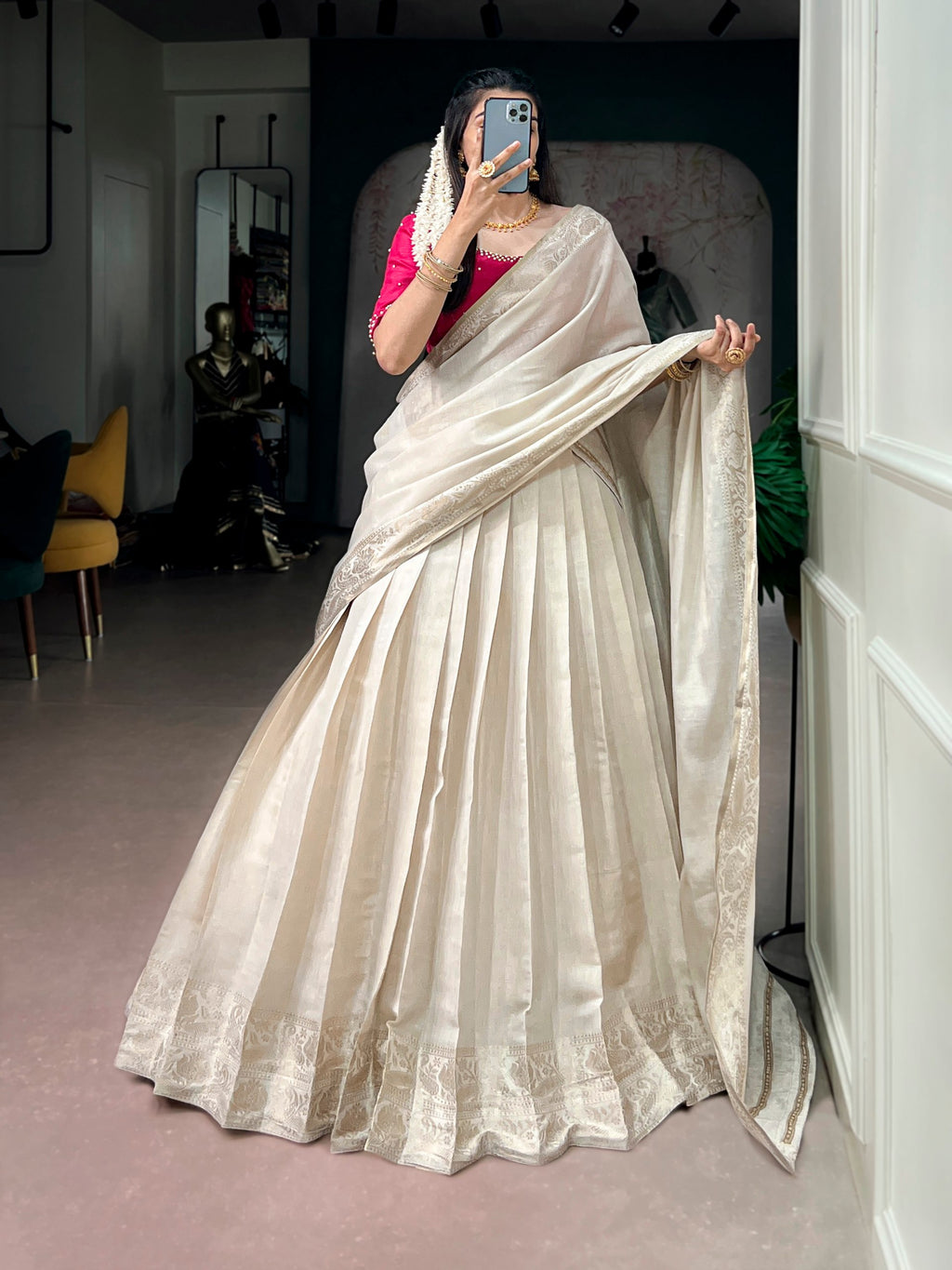 Cream Onakkodi Collection Poly Kanjivaram Half Saree Lehenga