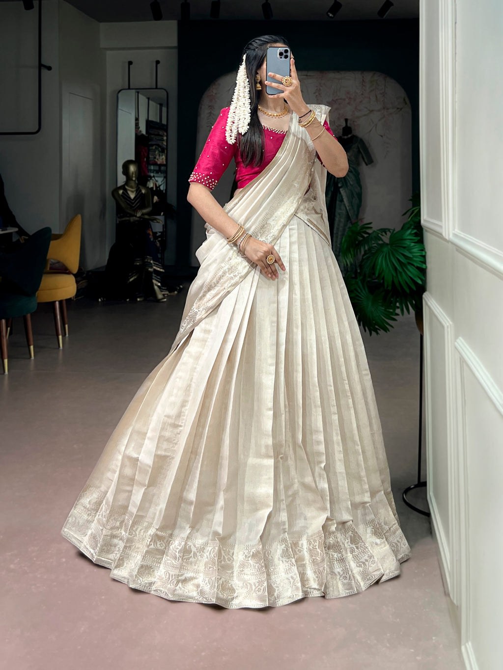 Cream Onakkodi Collection Poly Kanjivaram Half Saree Lehenga
