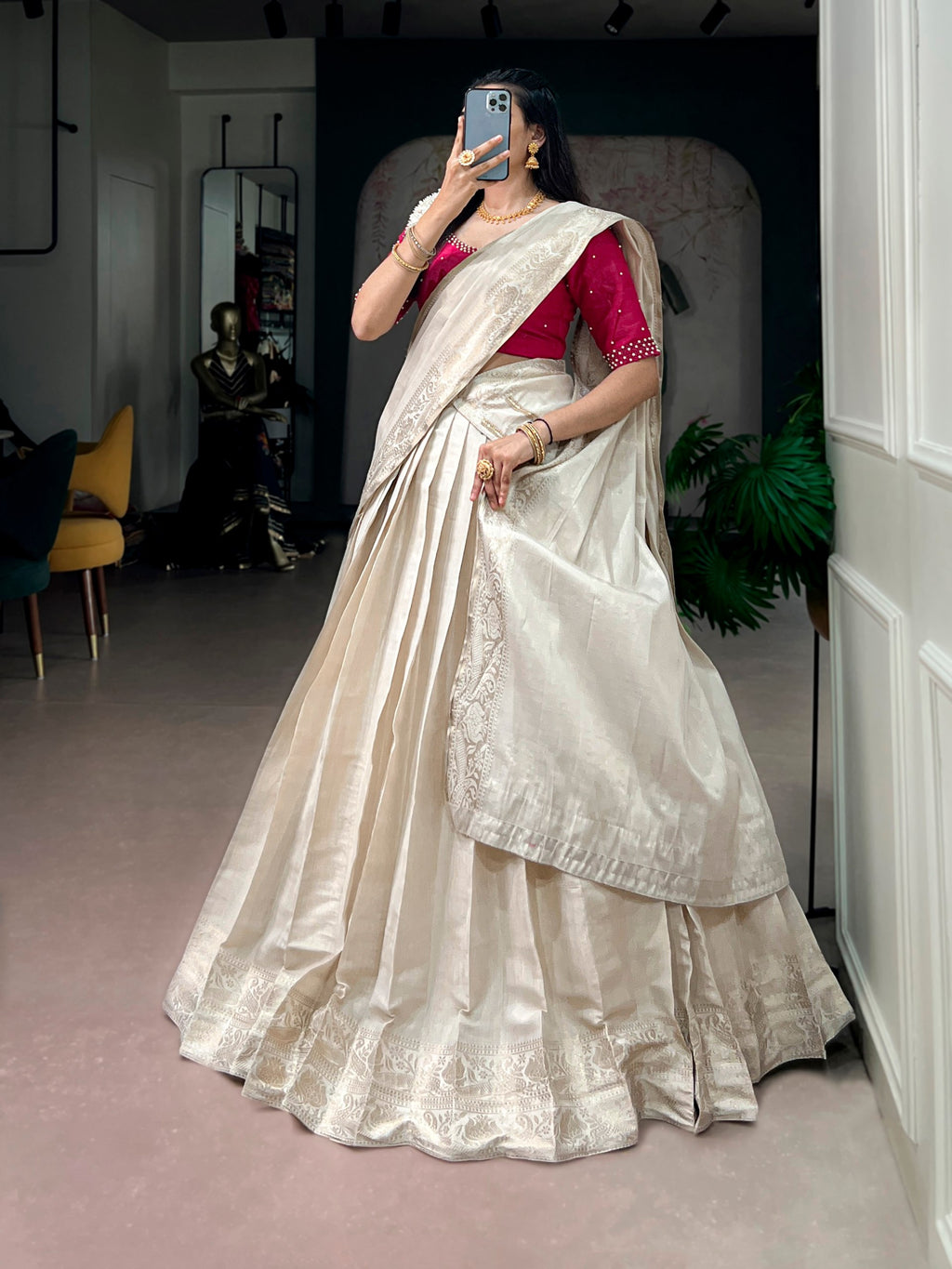 Cream Onakkodi Collection Poly Kanjivaram Half Saree Lehenga