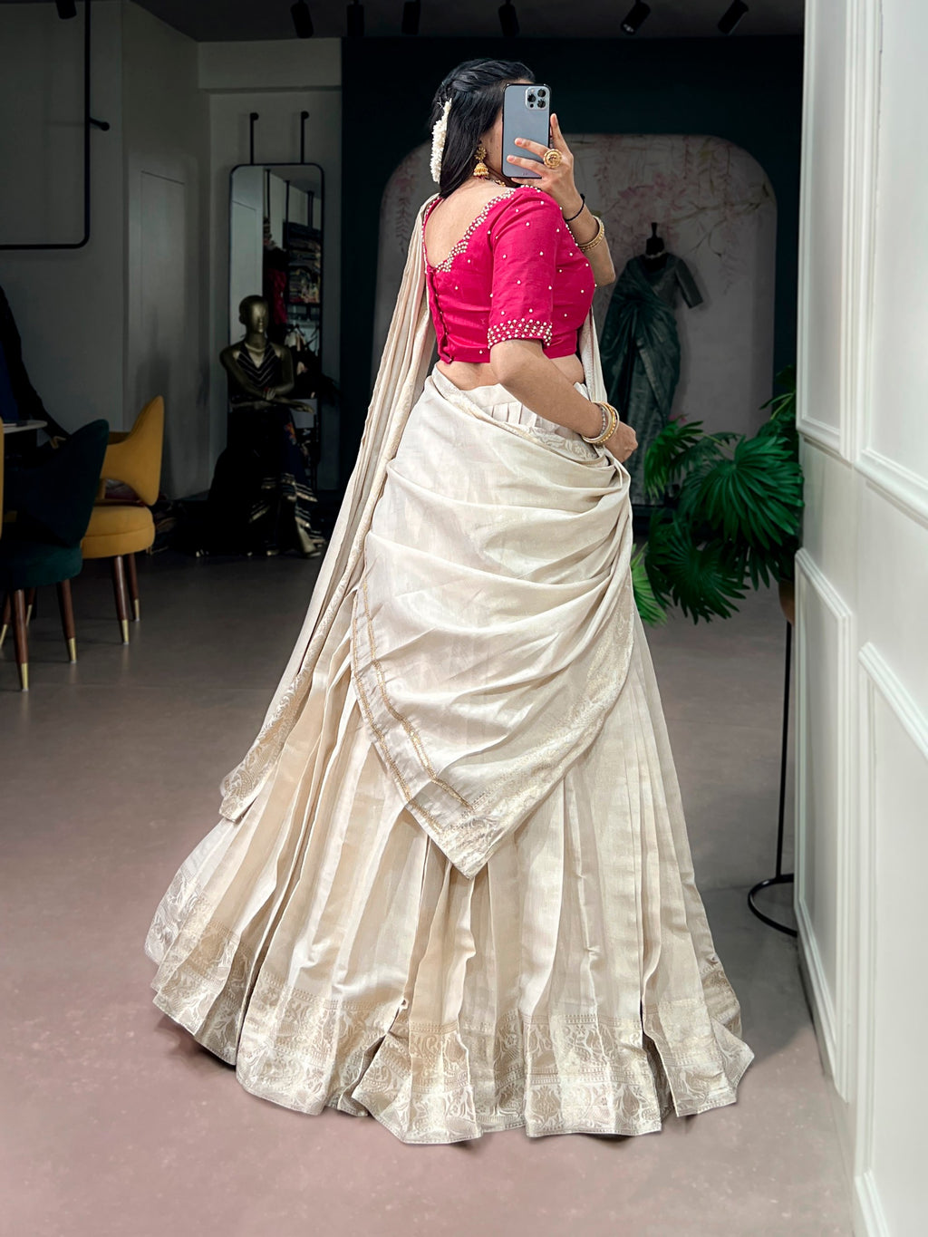 Cream Onakkodi Collection Poly Kanjivaram Half Saree Lehenga