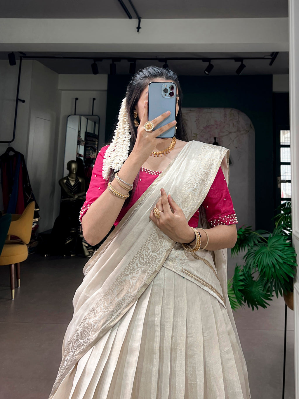 Cream Onakkodi Collection Poly Kanjivaram Half Saree Lehenga