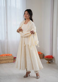 Cream Pure Kora Cotton Schiffli Work Anarkali Gown with Bottom and Dupatta