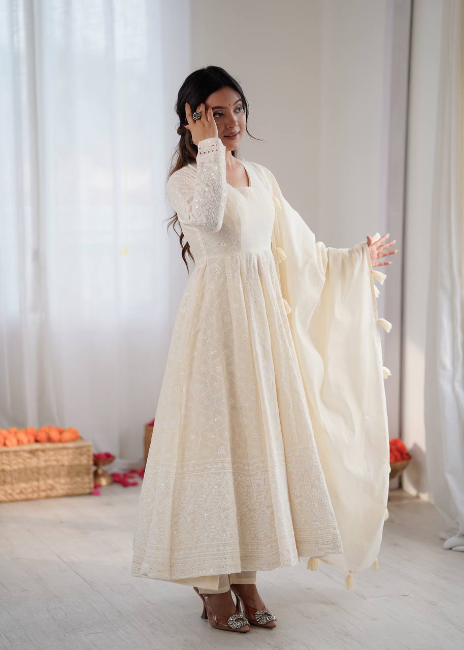 Cream Pure Kora Cotton Schiffli Work Anarkali Gown with Bottom and Dupatta