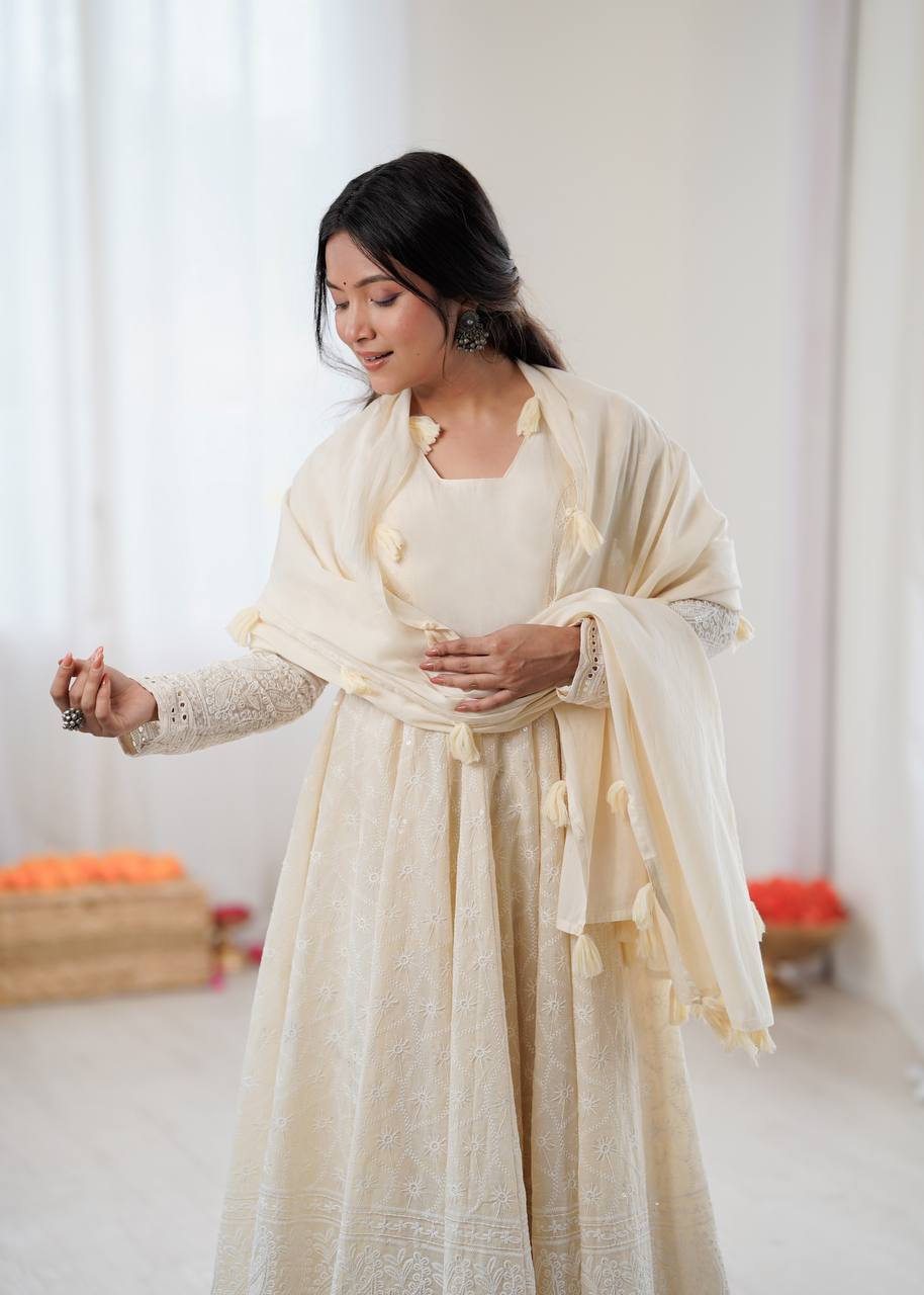 Cream Pure Kora Cotton Schiffli Work Anarkali Gown with Bottom and Dupatta