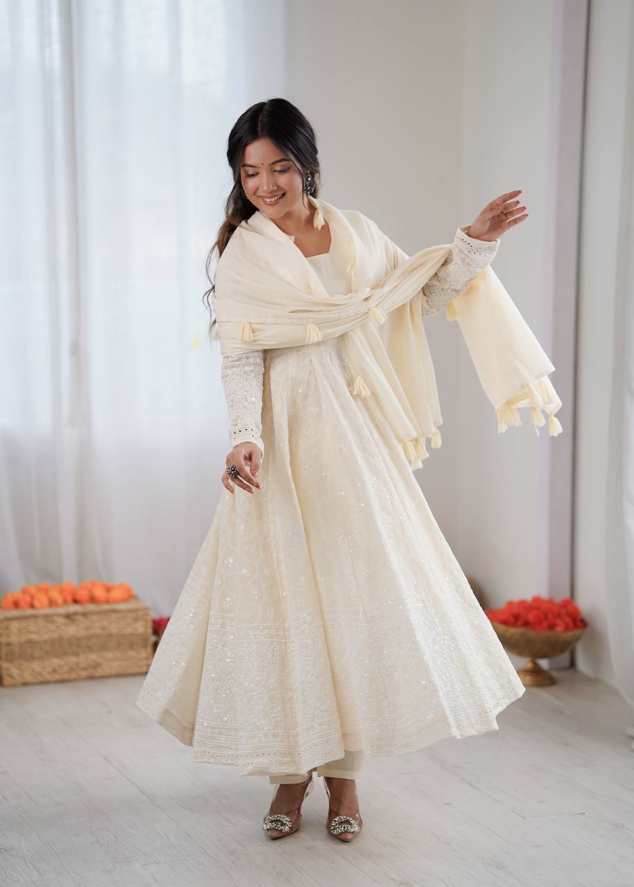 Cream Pure Kora Cotton Schiffli Work Anarkali Gown with Bottom and Dupatta
