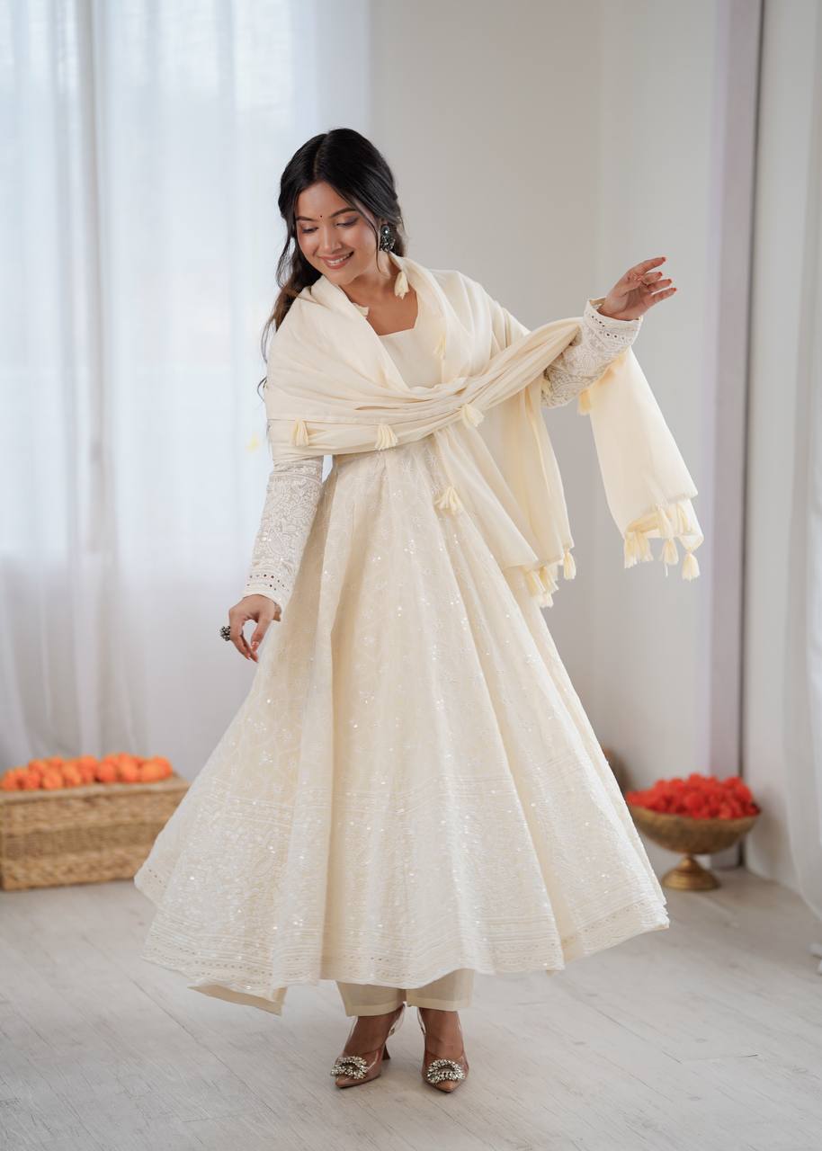 Cream Pure Kora Cotton Schiffli Work Anarkali Gown with Bottom and Dupatta