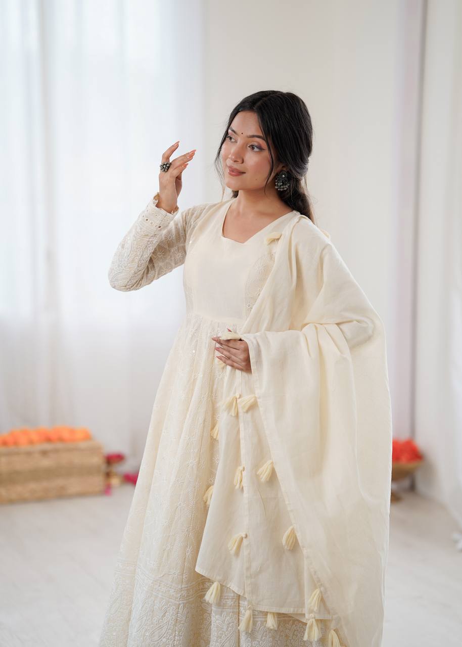 Cream Pure Kora Cotton Schiffli Work Anarkali Gown with Bottom and Dupatta