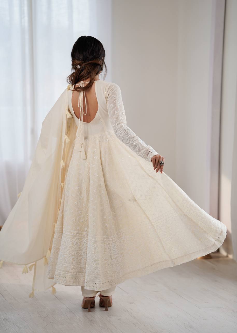 Cream Pure Kora Cotton Schiffli Work Anarkali Gown with Bottom and Dupatta