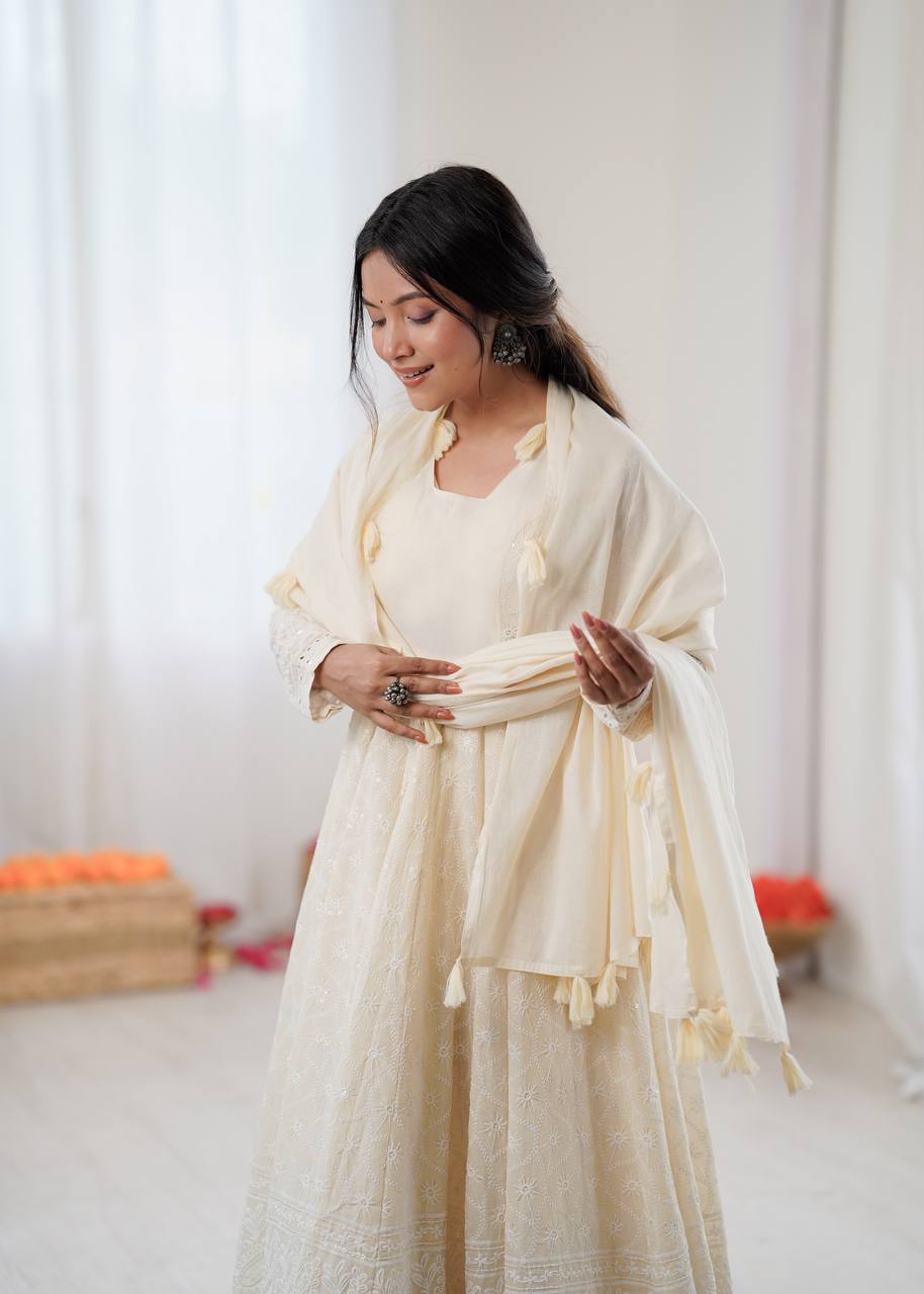 Cream Pure Kora Cotton Schiffli Work Anarkali Gown with Bottom and Dupatta