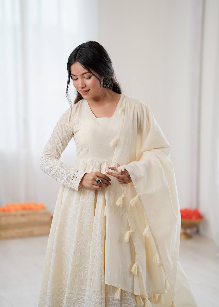 Cream Pure Kora Cotton Schiffli Work Anarkali Gown with Bottom and Dupatta