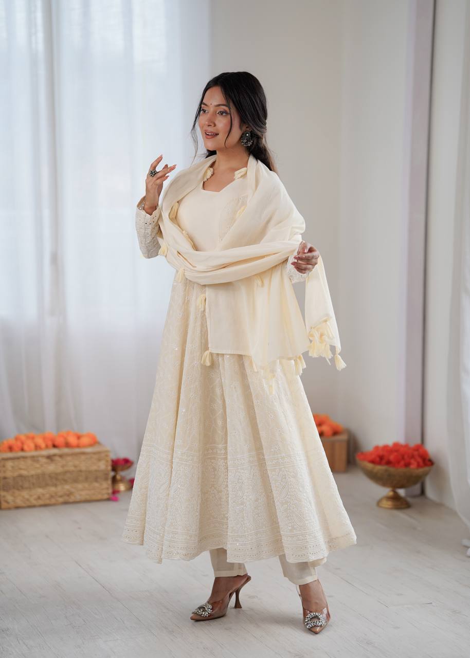 Cream Pure Kora Cotton Schiffli Work Anarkali Gown with Bottom and Dupatta