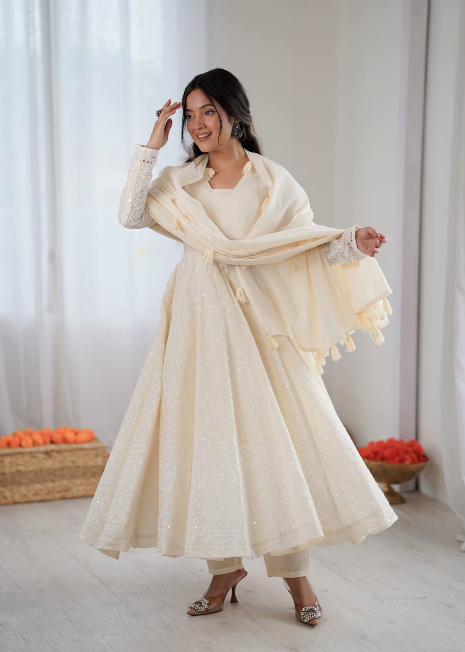 Cream Pure Kora Cotton Schiffli Work Anarkali Gown with Bottom and Dupatta