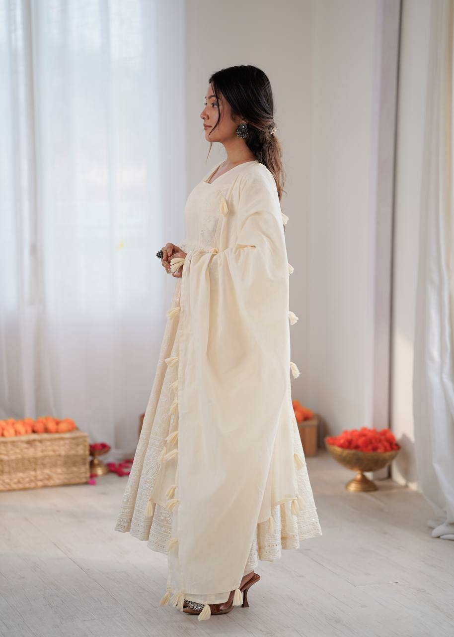 Cream Pure Kora Cotton Schiffli Work Anarkali Gown with Bottom and Dupatta