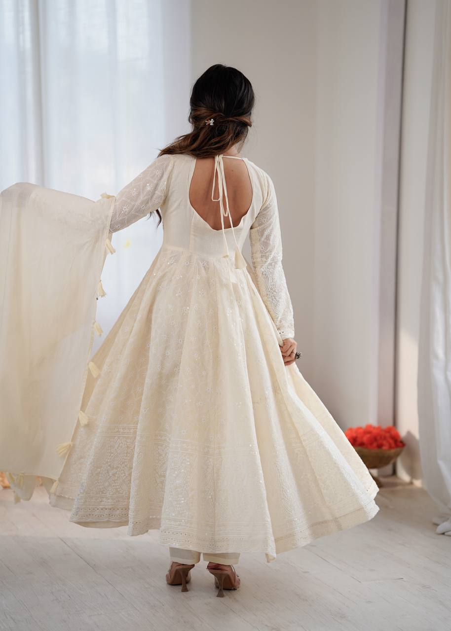 Cream Pure Kora Cotton Schiffli Work Anarkali Gown with Bottom and Dupatta