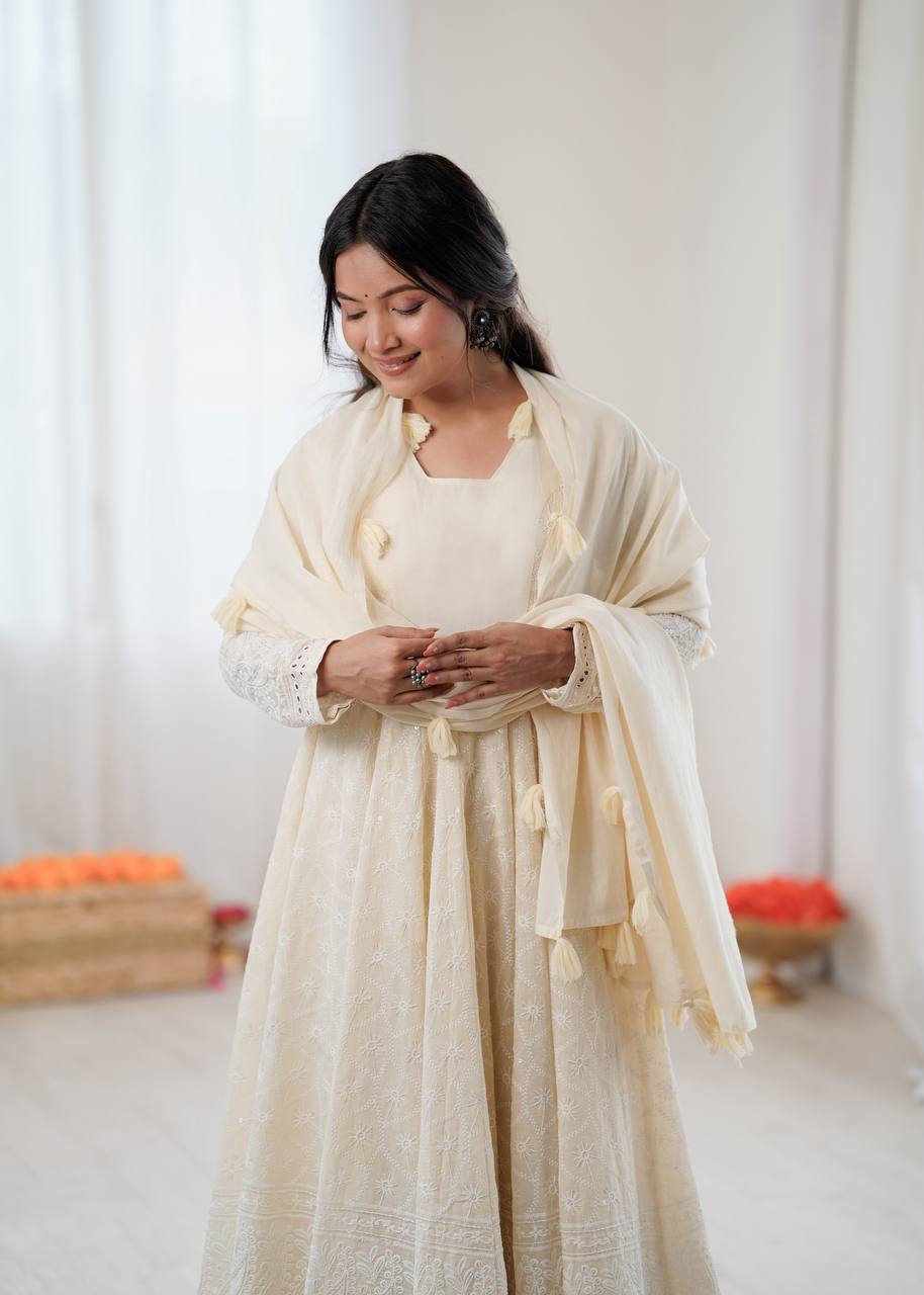 Cream Pure Kora Cotton Schiffli Work Anarkali Gown with Bottom and Dupatta