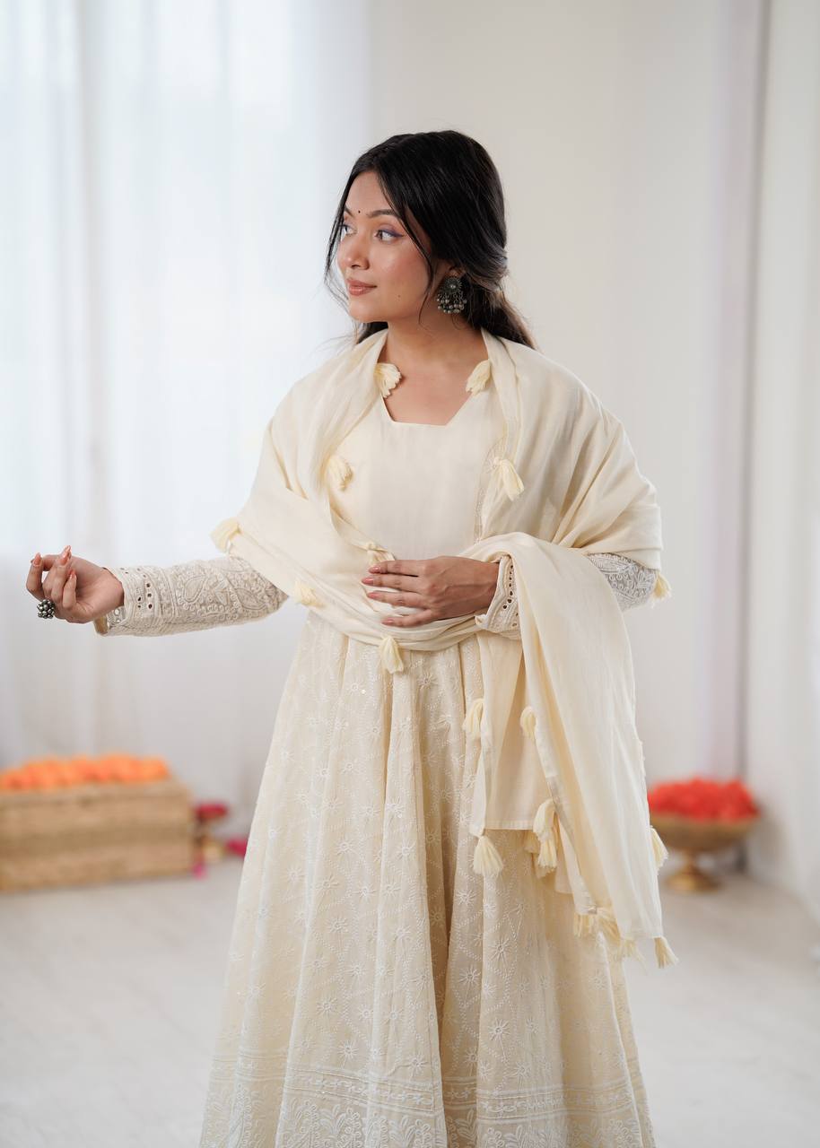 Cream Pure Kora Cotton Schiffli Work Anarkali Gown with Bottom and Dupatta