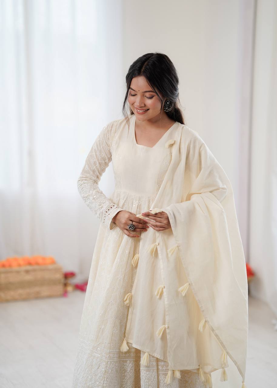 Cream Pure Kora Cotton Schiffli Work Anarkali Gown with Bottom and Dupatta
