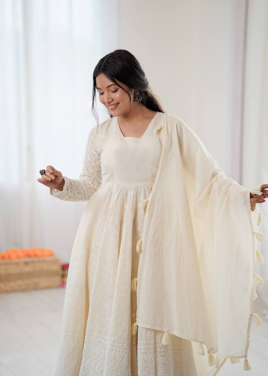 Cream Pure Kora Cotton Schiffli Work Anarkali Gown with Bottom and Dupatta
