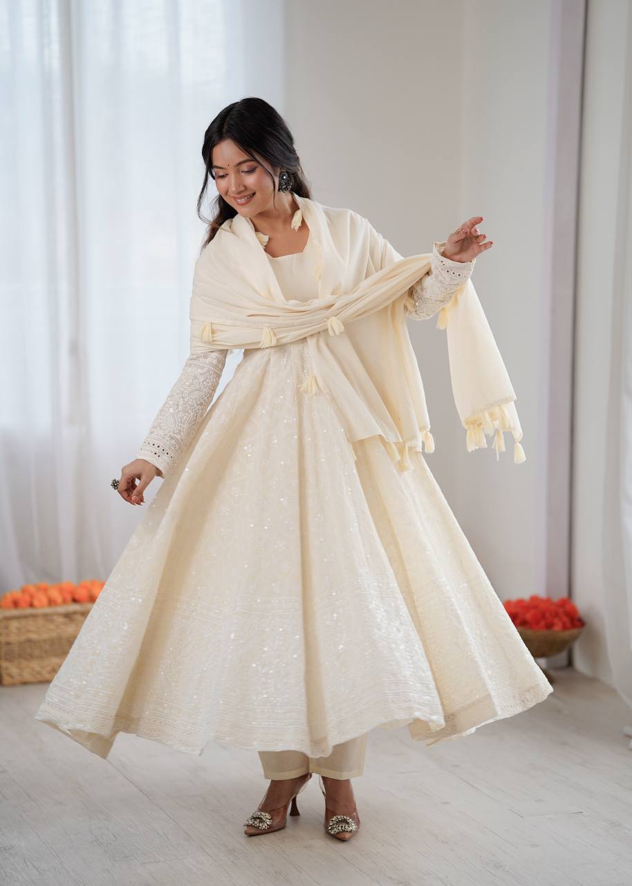Cream Pure Kora Cotton Schiffli Work Anarkali Gown with Bottom and Dupatta