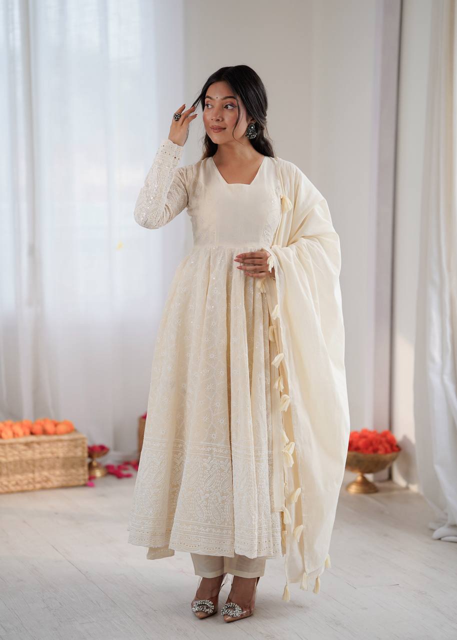 Cream Pure Kora Cotton Schiffli Work Anarkali Gown with Bottom and Dupatta