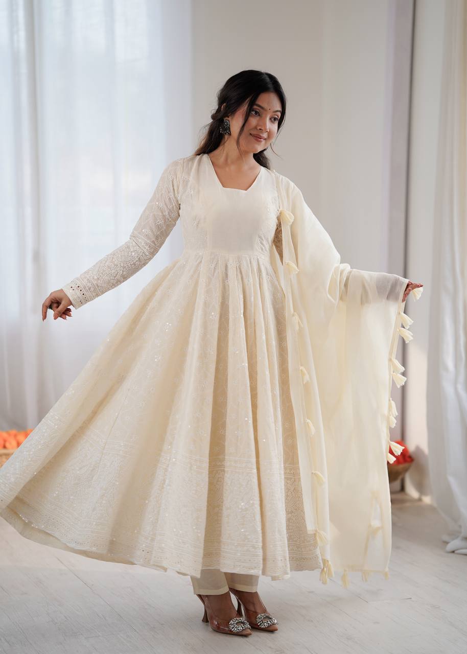 Cream Pure Kora Cotton Schiffli Work Anarkali Gown with Bottom and Dupatta